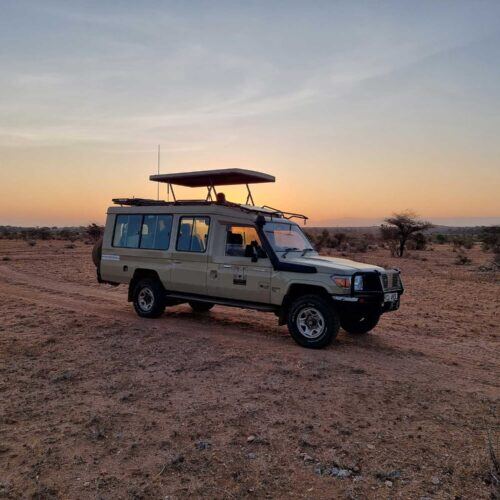 Africa Calling Safaris vehicle at sunset